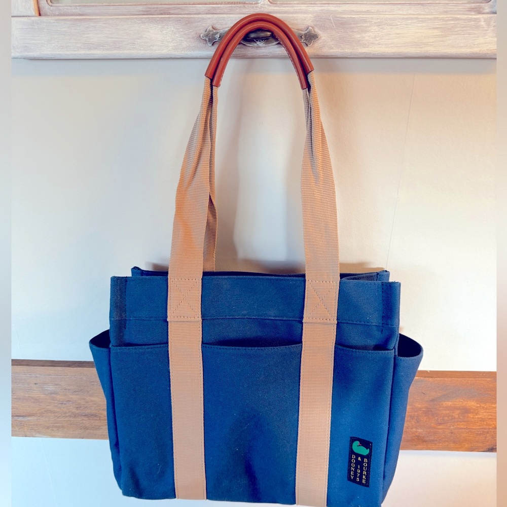 Dooney and Bourke Blue Canvas Tote Bag with Tan Straps